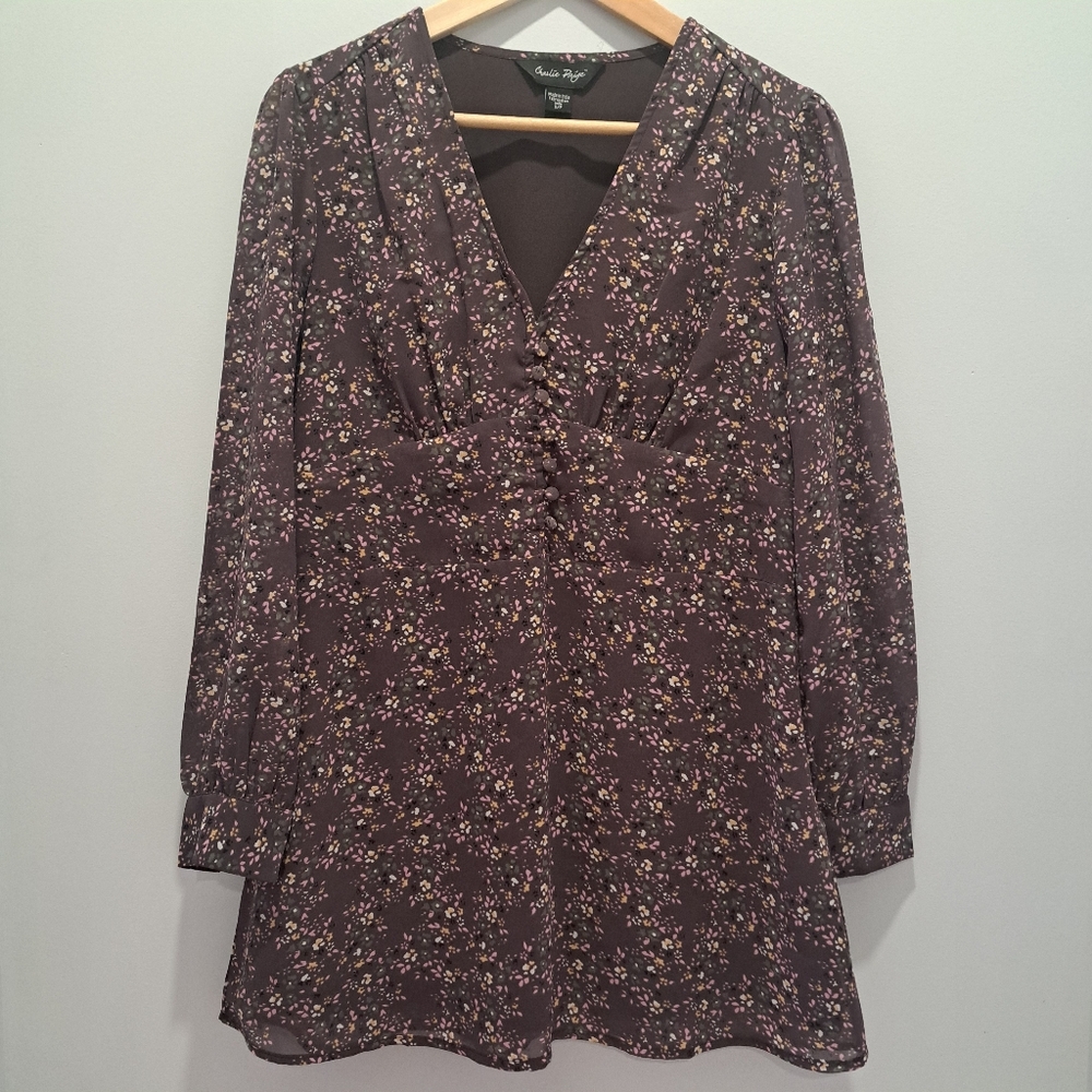 Charlie Paige Mauve Ditsy Floral Longsleeve Mini Coquette Cottage Dress Womens S